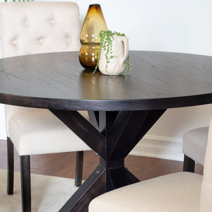 English Elm Nylander Round Pedestal Dining Set with Oak Veneer Top and Button Tufted Chairs T2574S00108