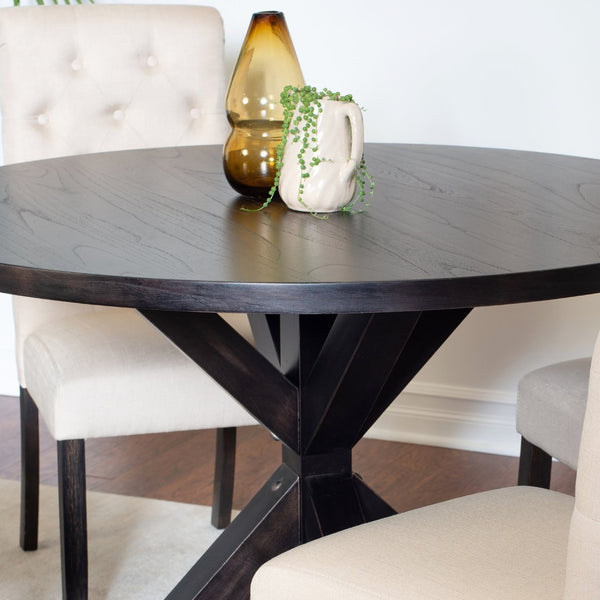 English Elm Nylander Round Pedestal Dining Set with Oak Veneer Top and Button Tufted Chairs T2574S00108