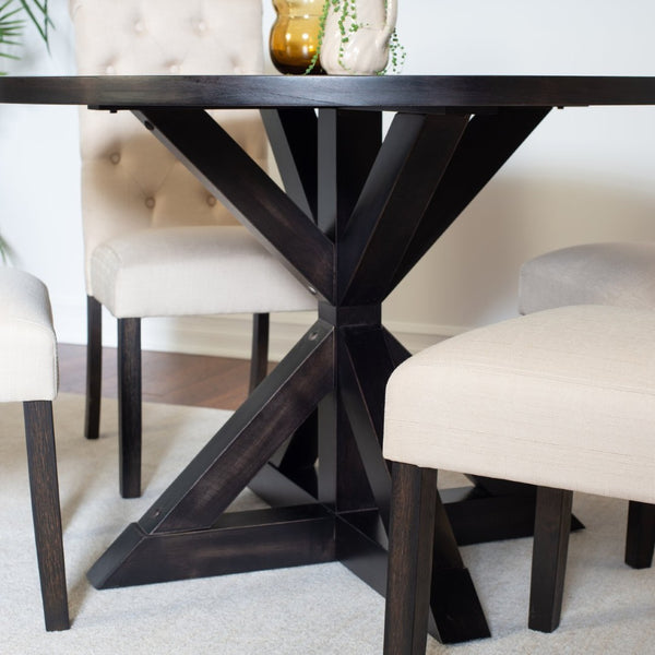 English Elm Nylander Round Pedestal Dining Set with Oak Veneer Top and Button Tufted Chairs T2574S00108