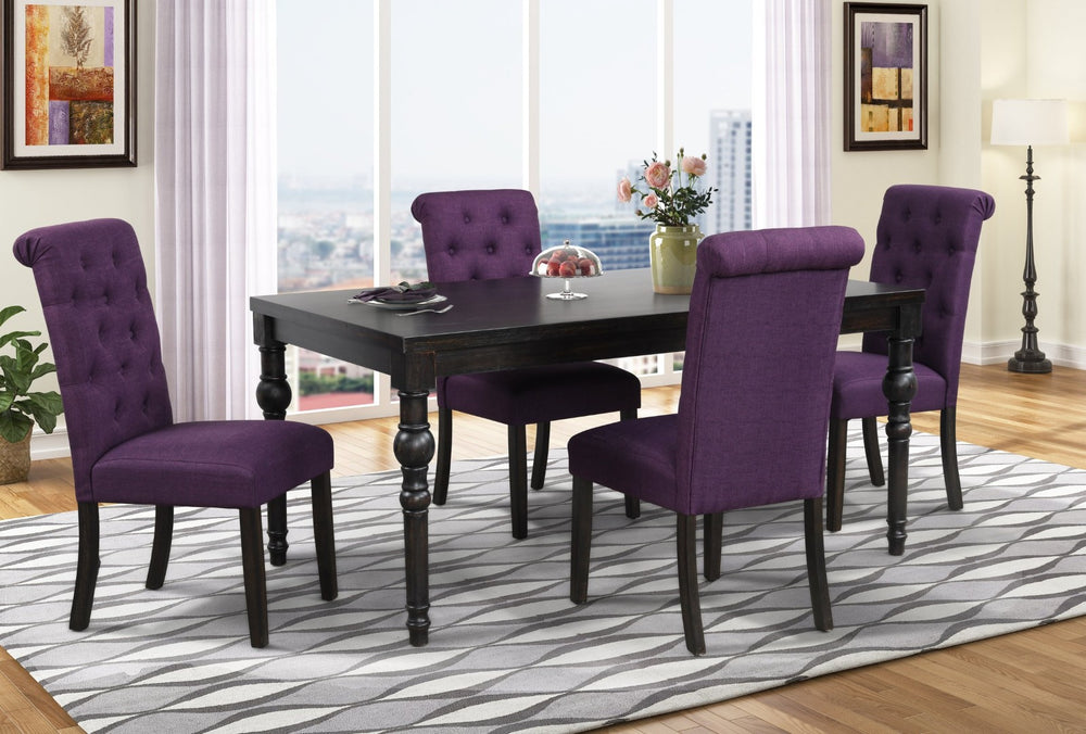 English Elm Leviton Solid Hardwood Dining Set Seats Four with Turned Legs and Wire-brushed Finish Purple T2574S00111