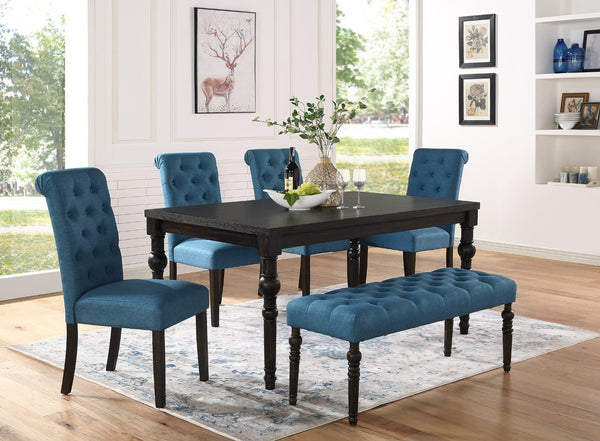 English Elm Leviton Wire-brushed Hardwood Farmhouse Dining Set with Tufted Chairs and Bench Blue T2574S00117