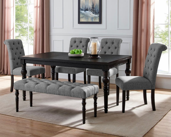 English Elm Leviton Wire-brushed Hardwood Farmhouse Dining Set with Tufted Chairs and Bench Gray T2574S00118