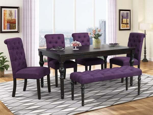 English Elm Leviton Wire-brushed Hardwood Farmhouse Dining Set with Tufted Chairs and Bench Purple T2574S00119