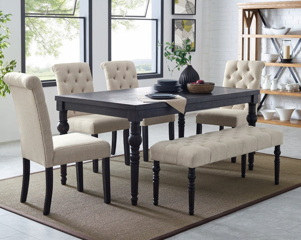 English Elm Leviton Wire-brushed Hardwood Farmhouse Dining Set with Tufted Chairs and Bench Tan T2574S00120