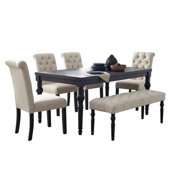 English Elm Leviton Wire-brushed Hardwood Farmhouse Dining Set with Tufted Chairs and Bench Tan T2574S00120