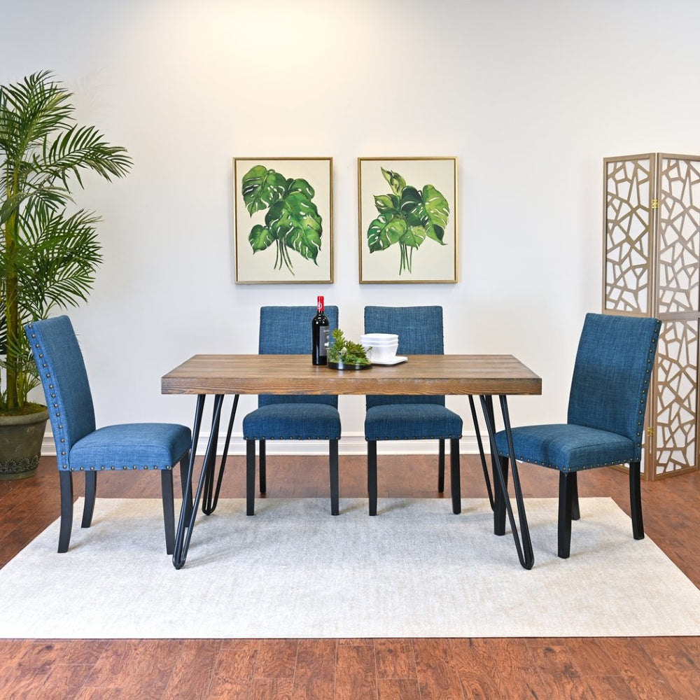 English Elm Amisos Industrial Farmhouse Dining Set Hairpin Legs Linen Chairs Brass Nailhead 5 Piece T2574S00121