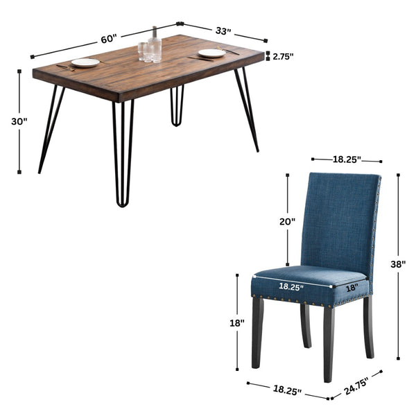 English Elm Amisos Industrial Farmhouse Dining Set Hairpin Legs Linen Chairs Brass Nailhead 5 Piece T2574S00121