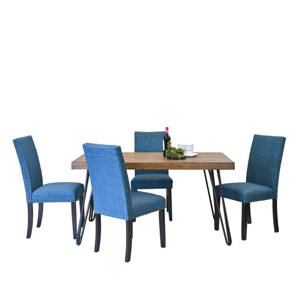 English Elm Amisos Industrial Farmhouse Dining Set Hairpin Legs Linen Chairs Brass Nailhead 5 Piece T2574S00121