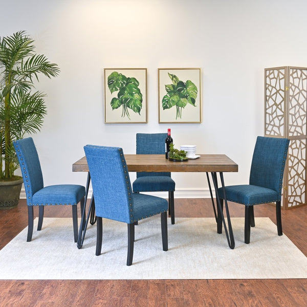 English Elm Amisos Industrial Farmhouse Dining Set Hairpin Legs Linen Chairs Brass Nailhead 5 Piece T2574S00121