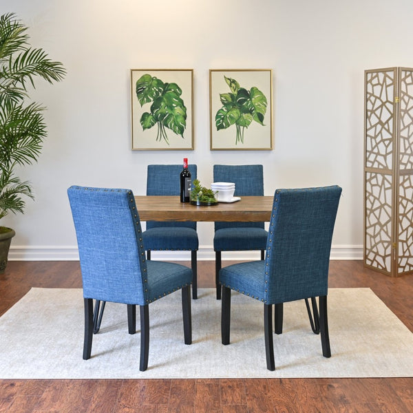 English Elm Amisos Industrial Farmhouse Dining Set Hairpin Legs Linen Chairs Brass Nailhead 5 Piece T2574S00121