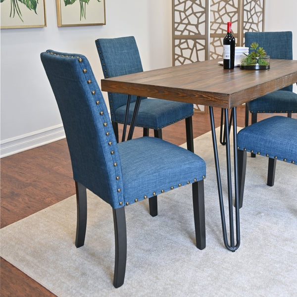 English Elm Amisos Industrial Farmhouse Dining Set Hairpin Legs Linen Chairs Brass Nailhead 5 Piece T2574S00121