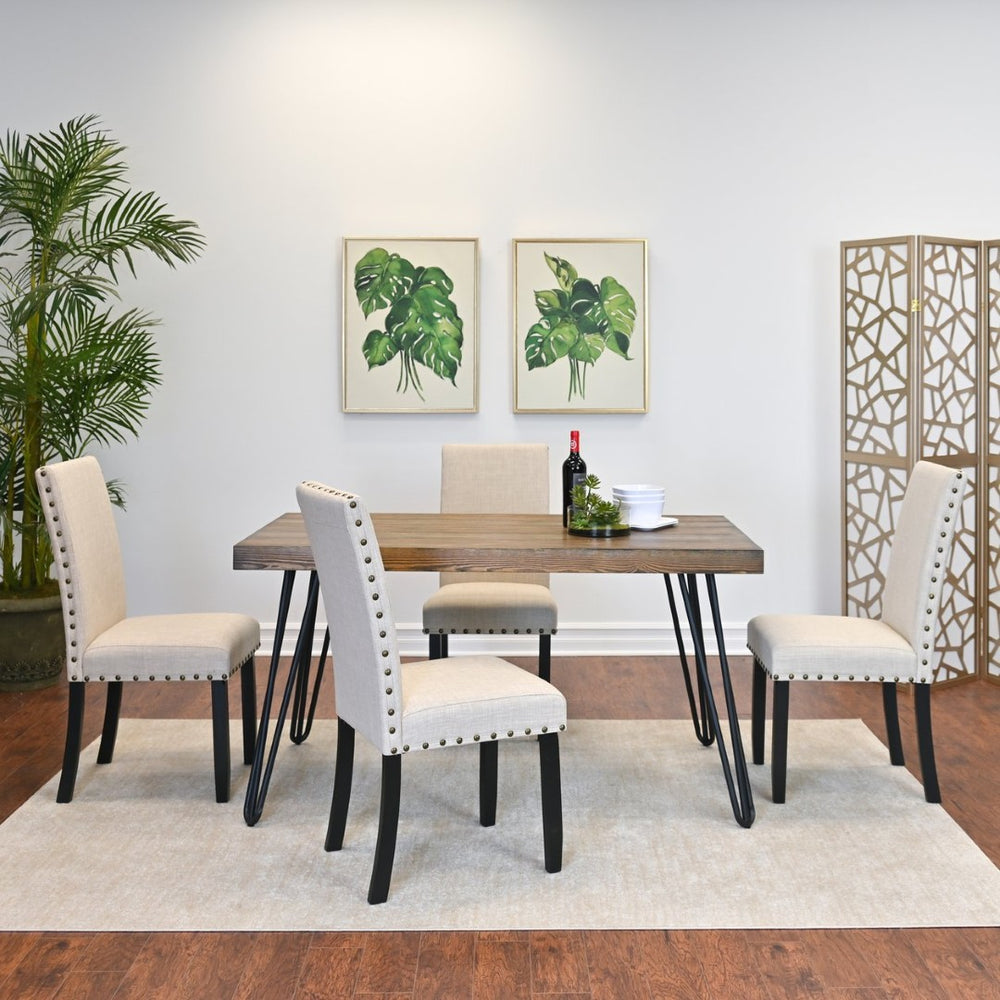 English Elm Amisos Industrial Rustic 5 Piece Dining Set Hairpin Table Nailhead High Back Chairs T2574S00125