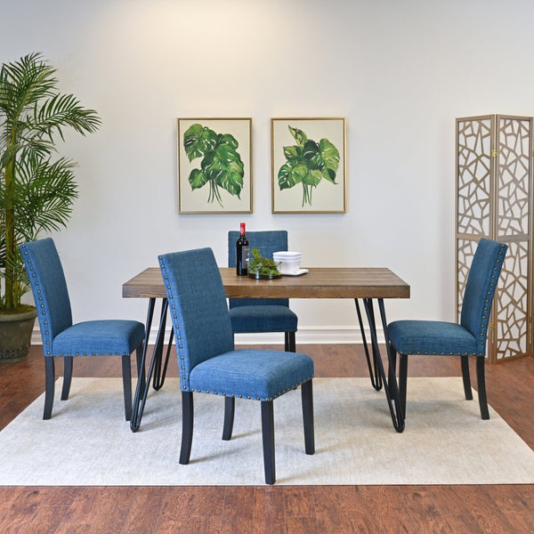 English Elm Amisos Industrial Farmhouse Dining Set Hairpin Table Six Upholstered Nailhead Chairs Brown - A T2574S00126