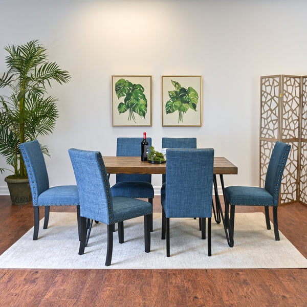 English Elm Amisos Industrial Farmhouse Dining Set Hairpin Table Six Upholstered Nailhead Chairs Brown - A T2574S00126