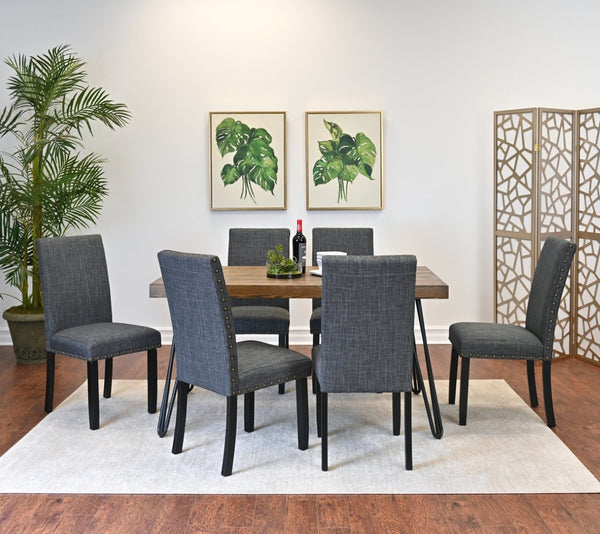 English Elm Amisos Industrial Farmhouse Dining Set Hairpin Table Six Upholstered Nailhead Chairs Brown - B T2574S00127