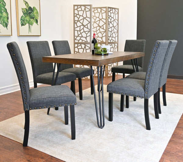 English Elm Amisos Industrial Farmhouse Dining Set Hairpin Table Six Upholstered Nailhead Chairs Brown - B T2574S00127