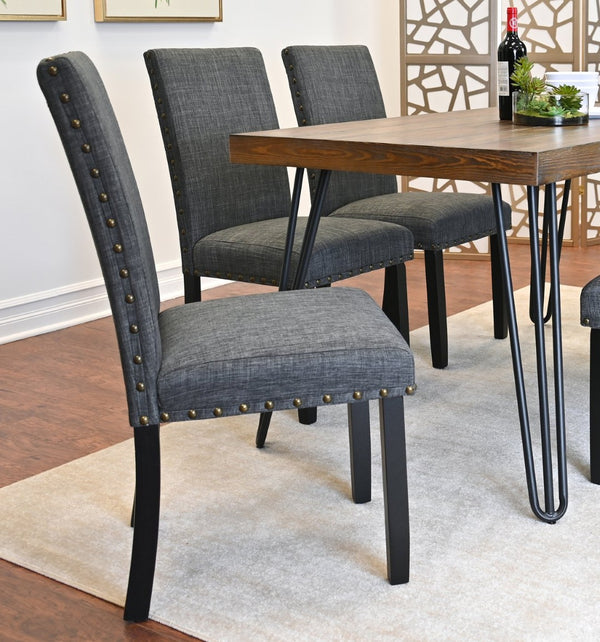 English Elm Amisos Industrial Farmhouse Dining Set Hairpin Table Six Upholstered Nailhead Chairs Brown - B T2574S00127