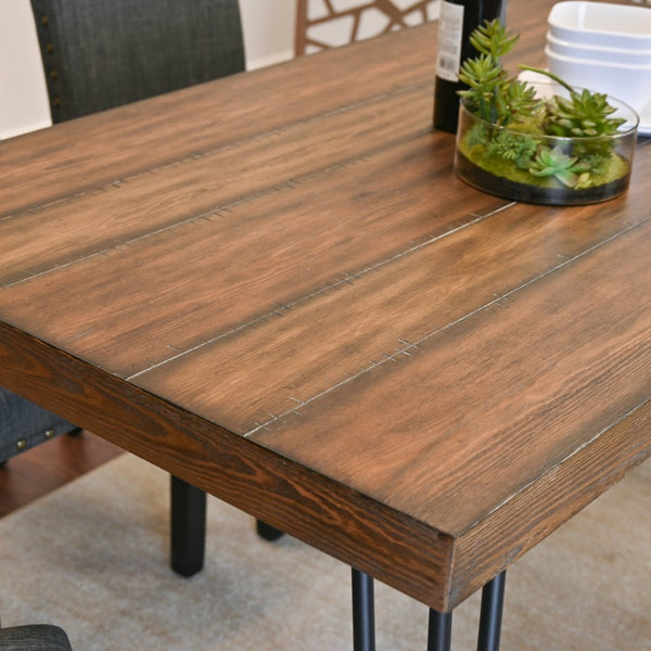 English Elm Amisos Industrial Farmhouse Dining Set Hairpin Table Six Upholstered Nailhead Chairs Brown - B T2574S00127