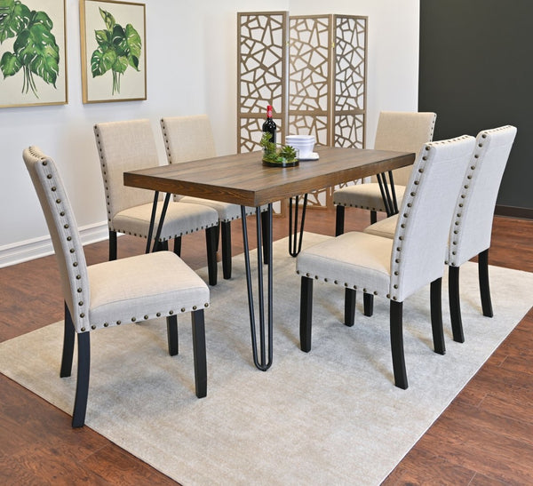 English Elm Amisos Industrial Farmhouse Dining Set Hairpin Table Six Upholstered Nailhead Chairs Brown - C T2574S00128