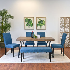 English Elm Amisos Six Piece Dining Set Hairpin Table Linen Chairs Bench Dark Pine Finish Brown - A T2574S00129