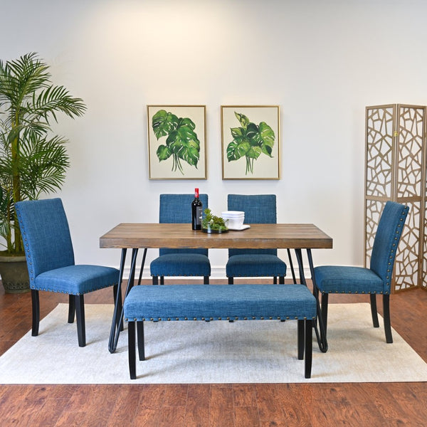English Elm Amisos Six Piece Dining Set Hairpin Table Linen Chairs Bench Dark Pine Finish Brown - A T2574S00129