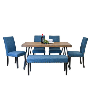 English Elm Amisos Six Piece Dining Set Hairpin Table Linen Chairs Bench Dark Pine Finish Brown - A T2574S00129