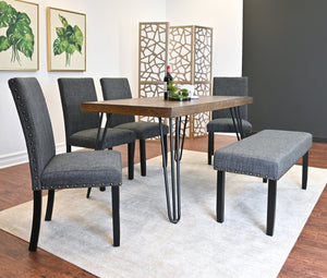 English Elm Amisos Six Piece Dining Set Hairpin Table Linen Chairs Bench Dark Pine Finish Brown - B T2574S00130