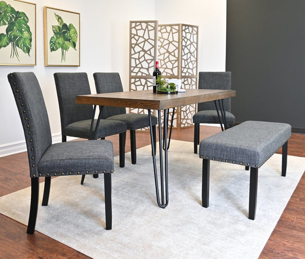 English Elm Amisos Six Piece Dining Set Hairpin Table Linen Chairs Bench Dark Pine Finish Brown - B T2574S00130