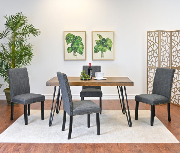 English Elm Amisos Six Piece Dining Set Hairpin Table Linen Chairs Bench Dark Pine Finish Brown - B T2574S00130