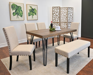 English Elm Amisos Six Piece Dining Set Hairpin Table Linen Chairs Bench Dark Pine Finish Brown - C T2574S00131