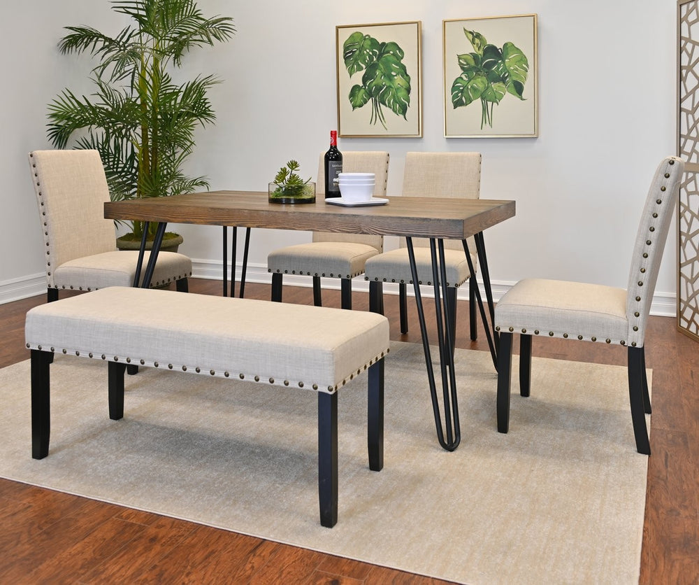 English Elm Amisos Six Piece Dining Set Hairpin Table Linen Chairs Bench Dark Pine Finish Brown - C T2574S00131