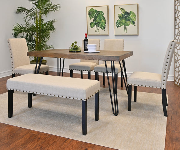 English Elm Amisos Six Piece Dining Set Hairpin Table Linen Chairs Bench Dark Pine Finish Brown - C T2574S00131