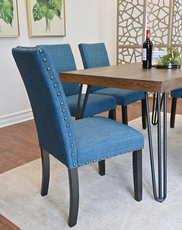 English Elm Amisos Six Piece Farmhouse Dining Set Hairpin Legs Wood Grain Table Bench Linen Chairs Brown - A T2574S00132