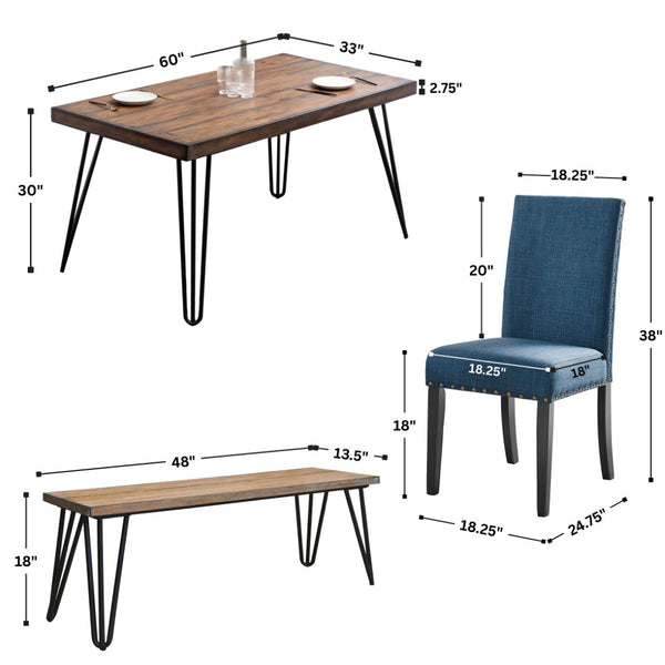 English Elm Amisos Six Piece Farmhouse Dining Set Hairpin Legs Wood Grain Table Bench Linen Chairs Brown - A T2574S00132