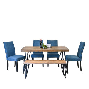 English Elm Amisos Six Piece Farmhouse Dining Set Hairpin Legs Wood Grain Table Bench Linen Chairs Brown - A T2574S00132