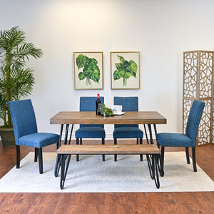 English Elm Amisos Six Piece Farmhouse Dining Set Hairpin Legs Wood Grain Table Bench Linen Chairs Brown - A T2574S00132