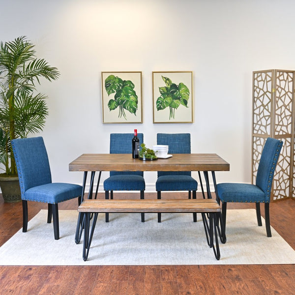 English Elm Amisos Six Piece Farmhouse Dining Set Hairpin Legs Wood Grain Table Bench Linen Chairs Brown - A T2574S00132