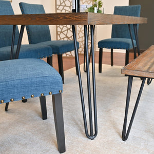 English Elm Amisos Six Piece Farmhouse Dining Set Hairpin Legs Wood Grain Table Bench Linen Chairs Brown - A T2574S00132