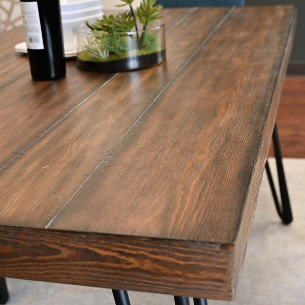 English Elm Amisos Six Piece Farmhouse Dining Set Hairpin Legs Wood Grain Table Bench Linen Chairs Brown - A T2574S00132
