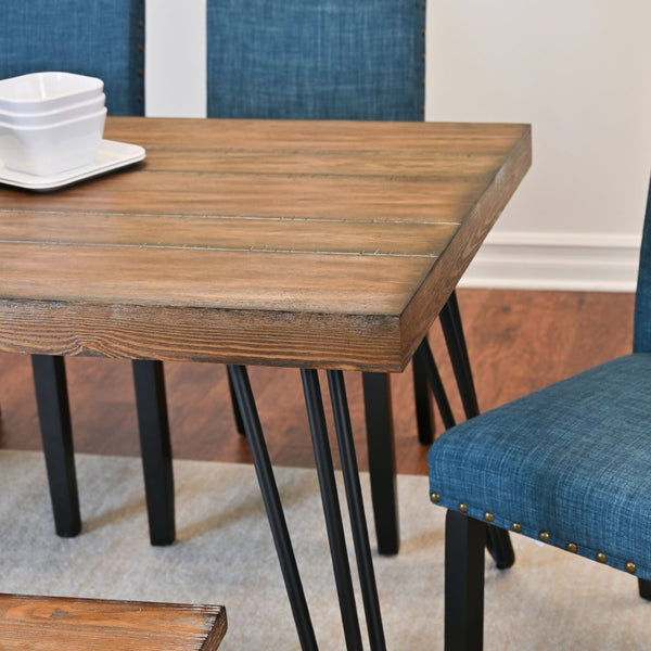 English Elm Amisos Six Piece Farmhouse Dining Set Hairpin Legs Wood Grain Table Bench Linen Chairs Brown - A T2574S00132
