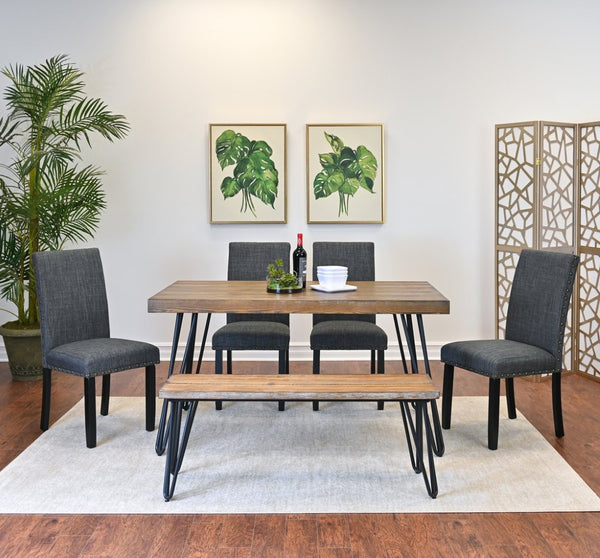 English Elm Amisos Six Piece Farmhouse Dining Set Hairpin Legs Wood Grain Table Bench Linen Chairs Brown - B T2574S00133