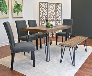 English Elm Amisos Six Piece Farmhouse Dining Set Hairpin Legs Wood Grain Table Bench Linen Chairs Brown - B T2574S00133