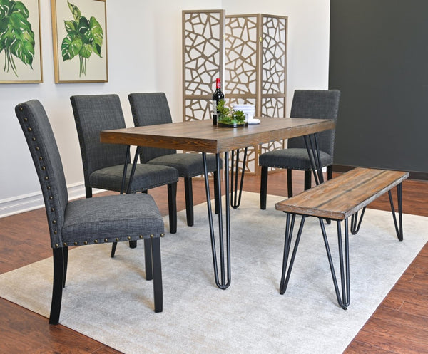 English Elm Amisos Six Piece Farmhouse Dining Set Hairpin Legs Wood Grain Table Bench Linen Chairs Brown - B T2574S00133