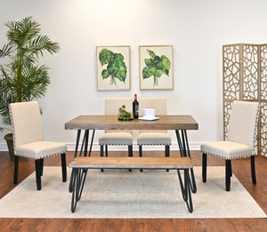 English Elm Amisos Six Piece Farmhouse Dining Set Hairpin Legs Wood Grain Table Bench Linen Chairs Brown - C T2574S00134