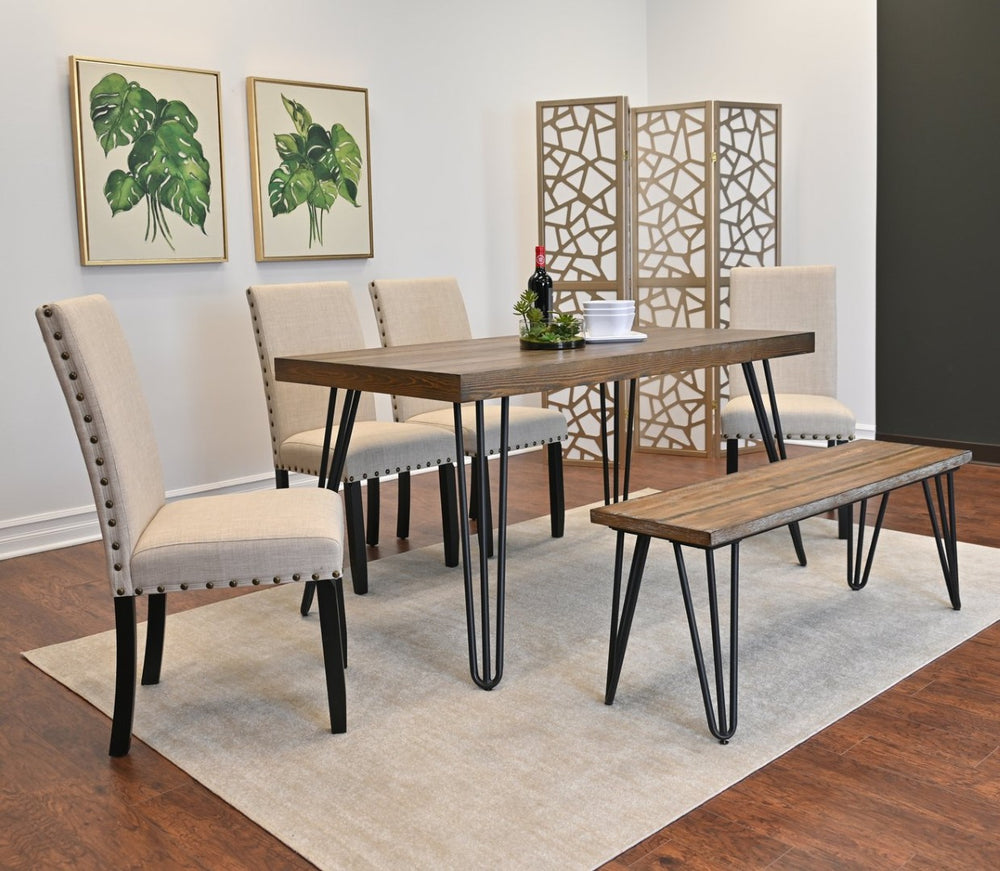 English Elm Amisos Six Piece Farmhouse Dining Set Hairpin Legs Wood Grain Table Bench Linen Chairs Brown - C T2574S00134