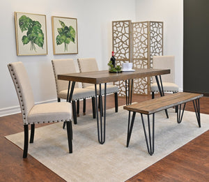 English Elm Amisos Six Piece Farmhouse Dining Set Hairpin Legs Wood Grain Table Bench Linen Chairs Brown - C T2574S00134