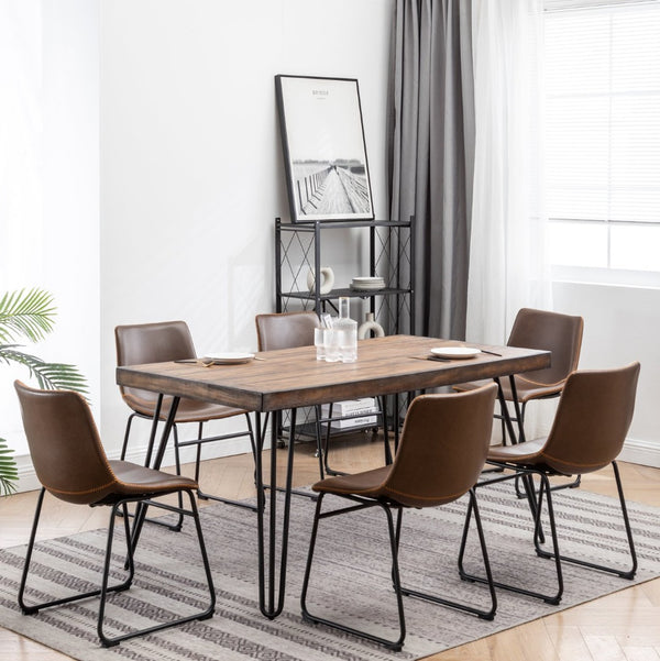 English Elm Aryven Industrial Dining Set Seats Six with Hairpin Legs and Faux Leather Chairs Antique Brown T2574S00135