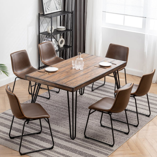 English Elm Aryven Industrial Dining Set Seats Six with Hairpin Legs and Faux Leather Chairs Antique Brown T2574S00135