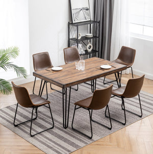 English Elm Aryven Industrial Dining Set Seats Six with Hairpin Legs and Faux Leather Chairs Antique Brown T2574S00135