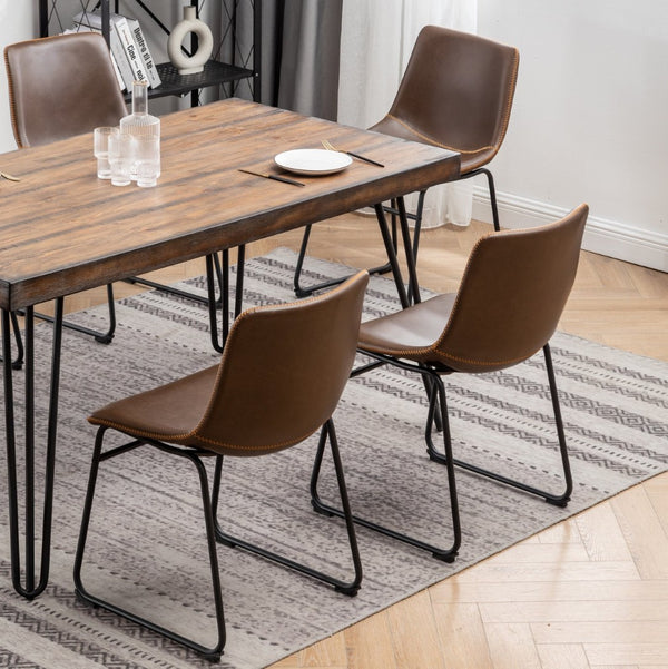 English Elm Aryven Industrial Dining Set Seats Six with Hairpin Legs and Faux Leather Chairs Antique Brown T2574S00135